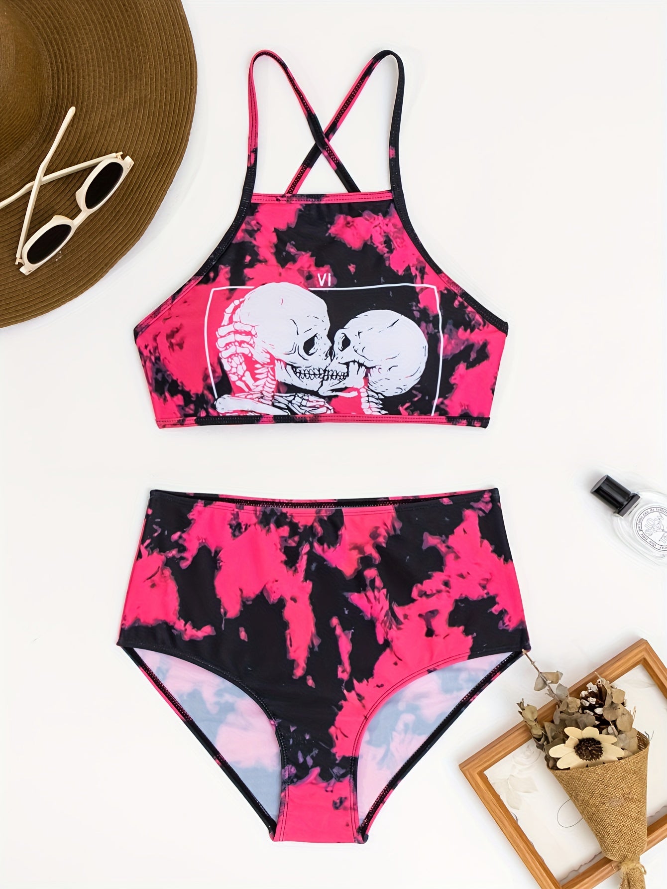 Skull Kiss Print Tie Dye 2 Piece Set Bikini