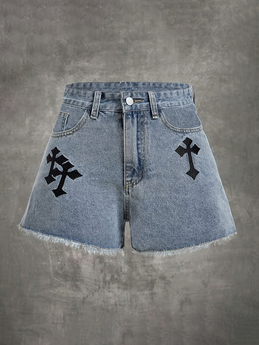 Cross Embroidery Raw Hem Gothic Style Denim Shorts