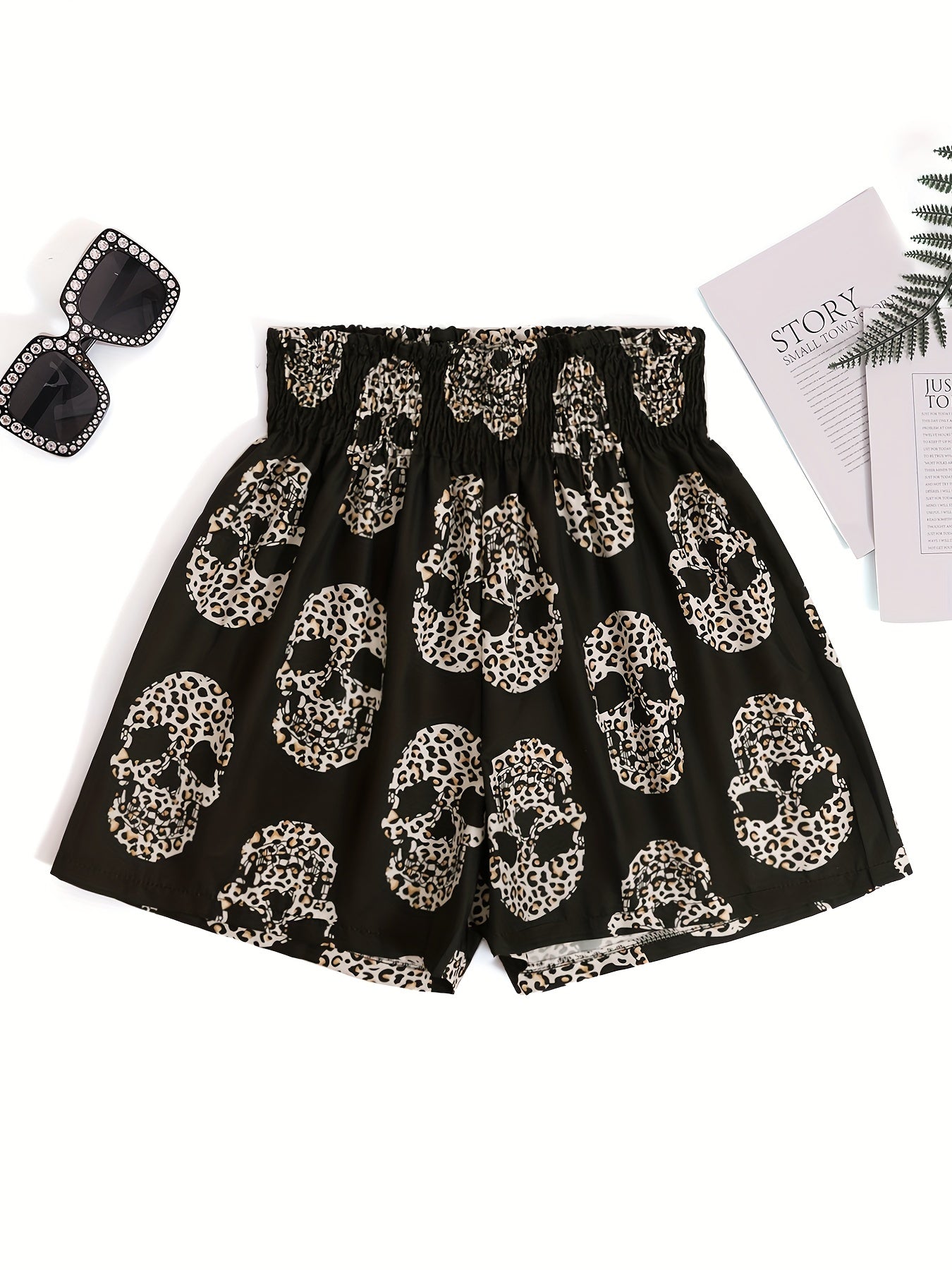 Leopard Skull Print Smocked Waist Shorts