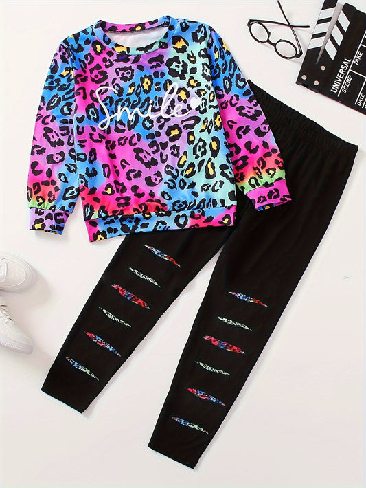 Colorful Leopard Print Top & Ripped Skinny Jeggings