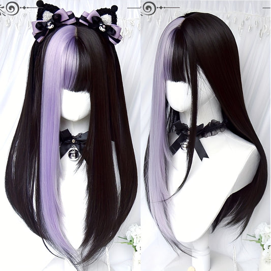 Long Black Mixed Purple Synthetic Wig