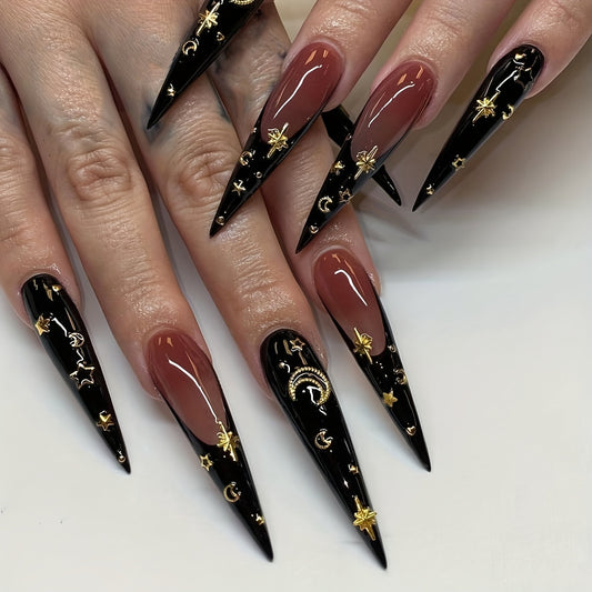 24pcs Black French Tip With Gold Moon And Stars