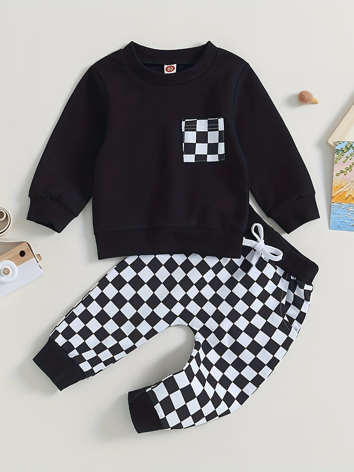 Checkerboard Print Drawstring Pants Set