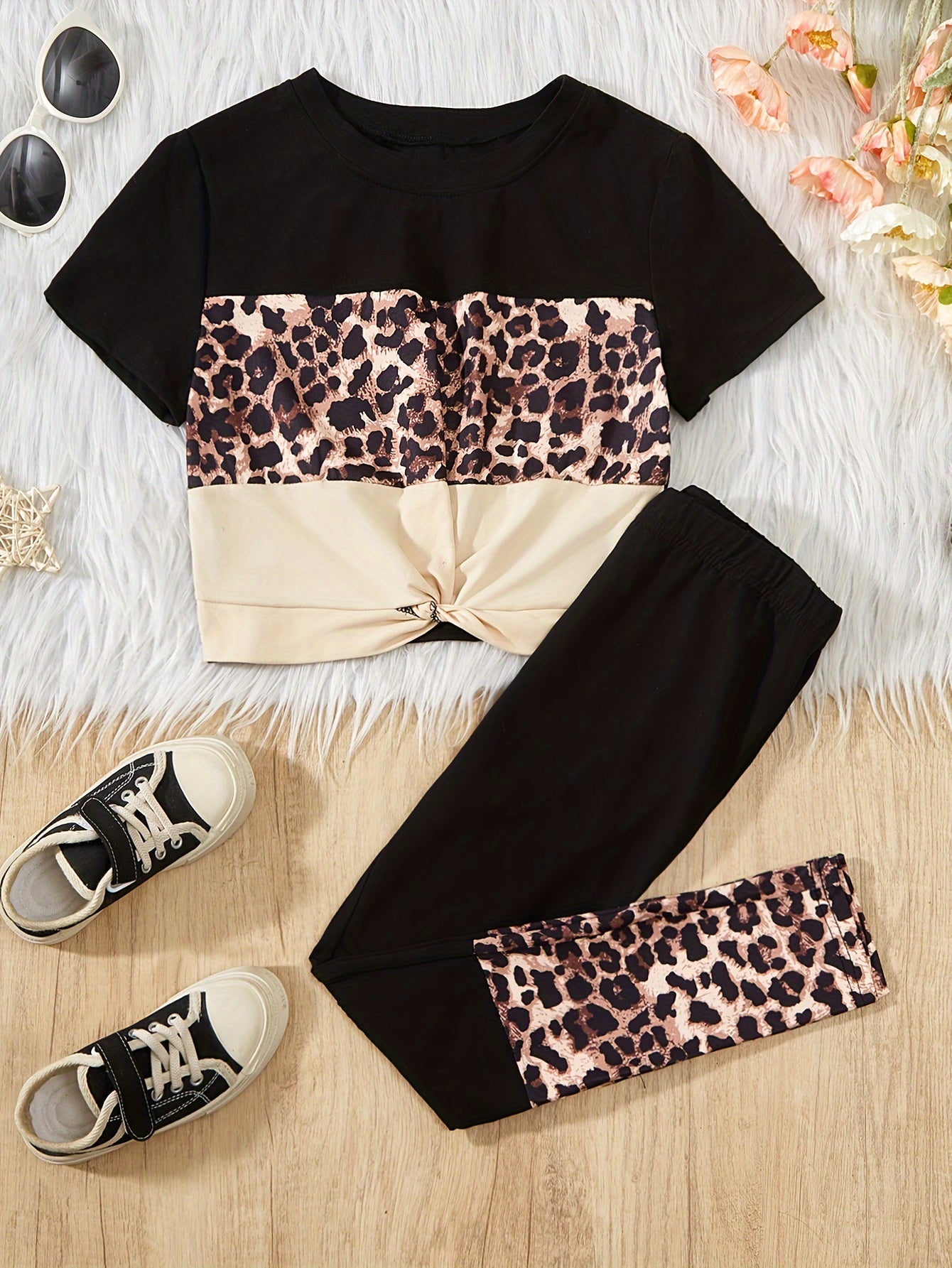 Leopard Print Short Sleeve Pants Set