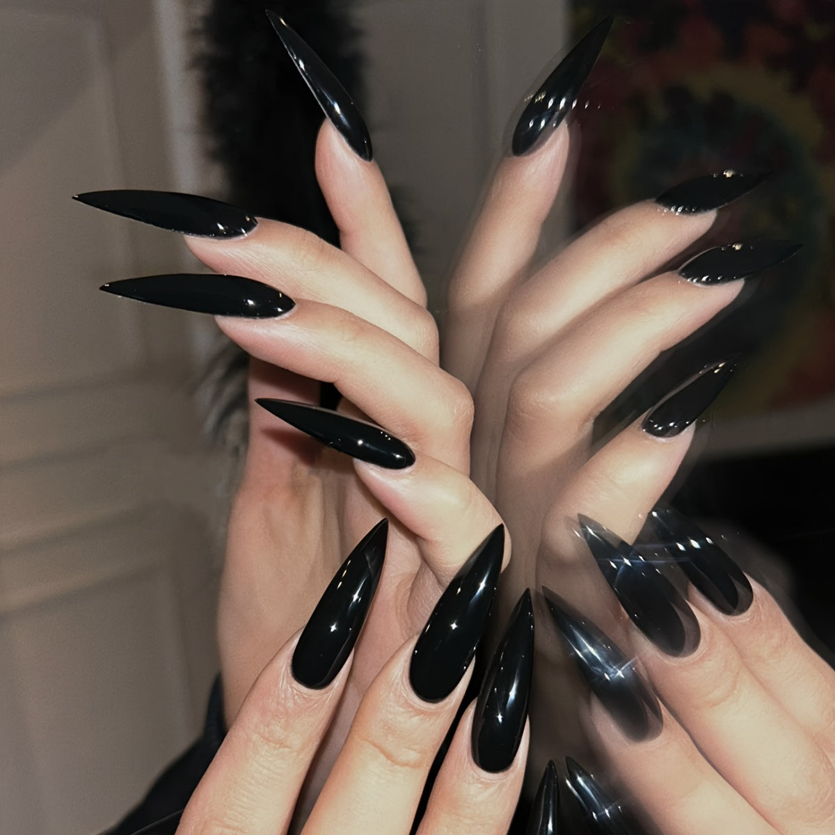 Long Stiletto Glossy Black Nails