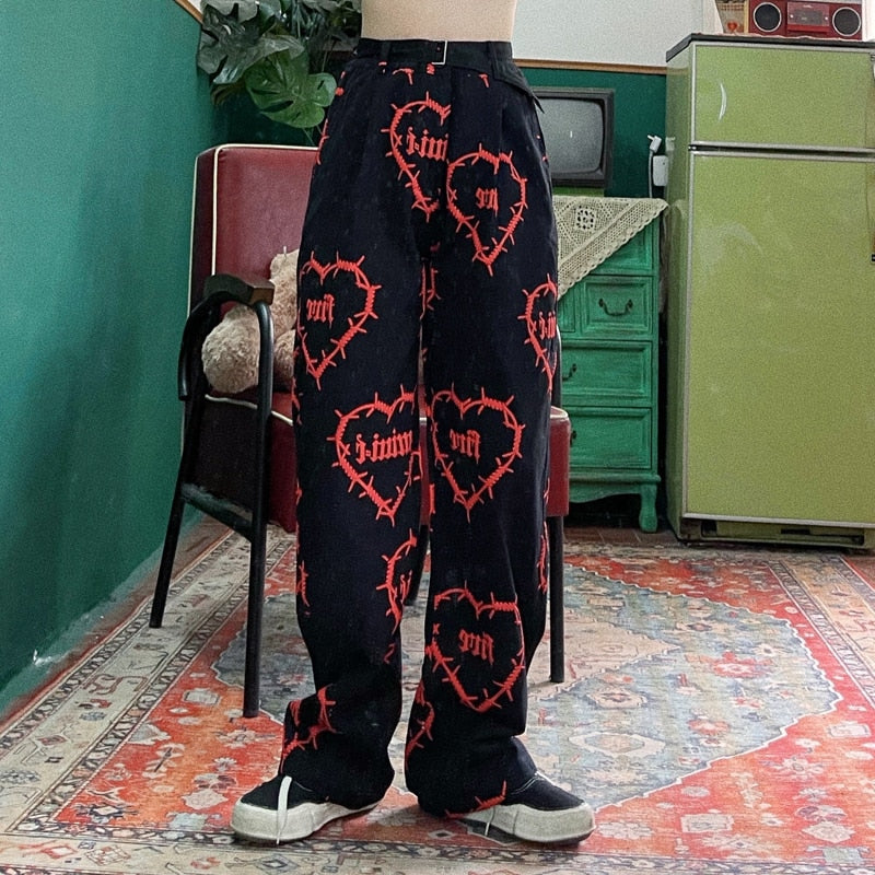 Black White Heart Decor Graphic Pants