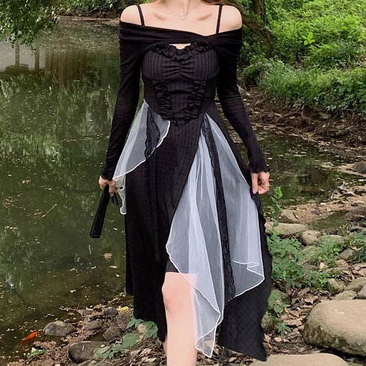 Vintage Black Layered Midi Dress