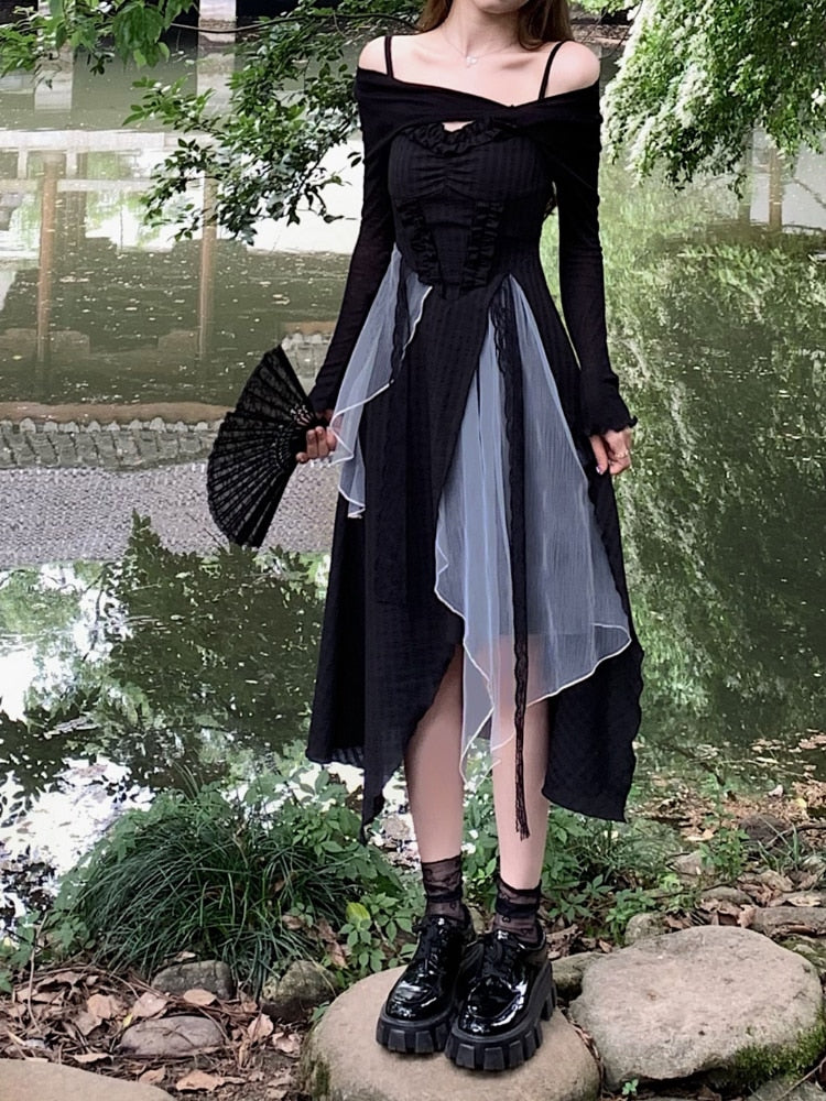 Vintage Black Layered Midi Dress