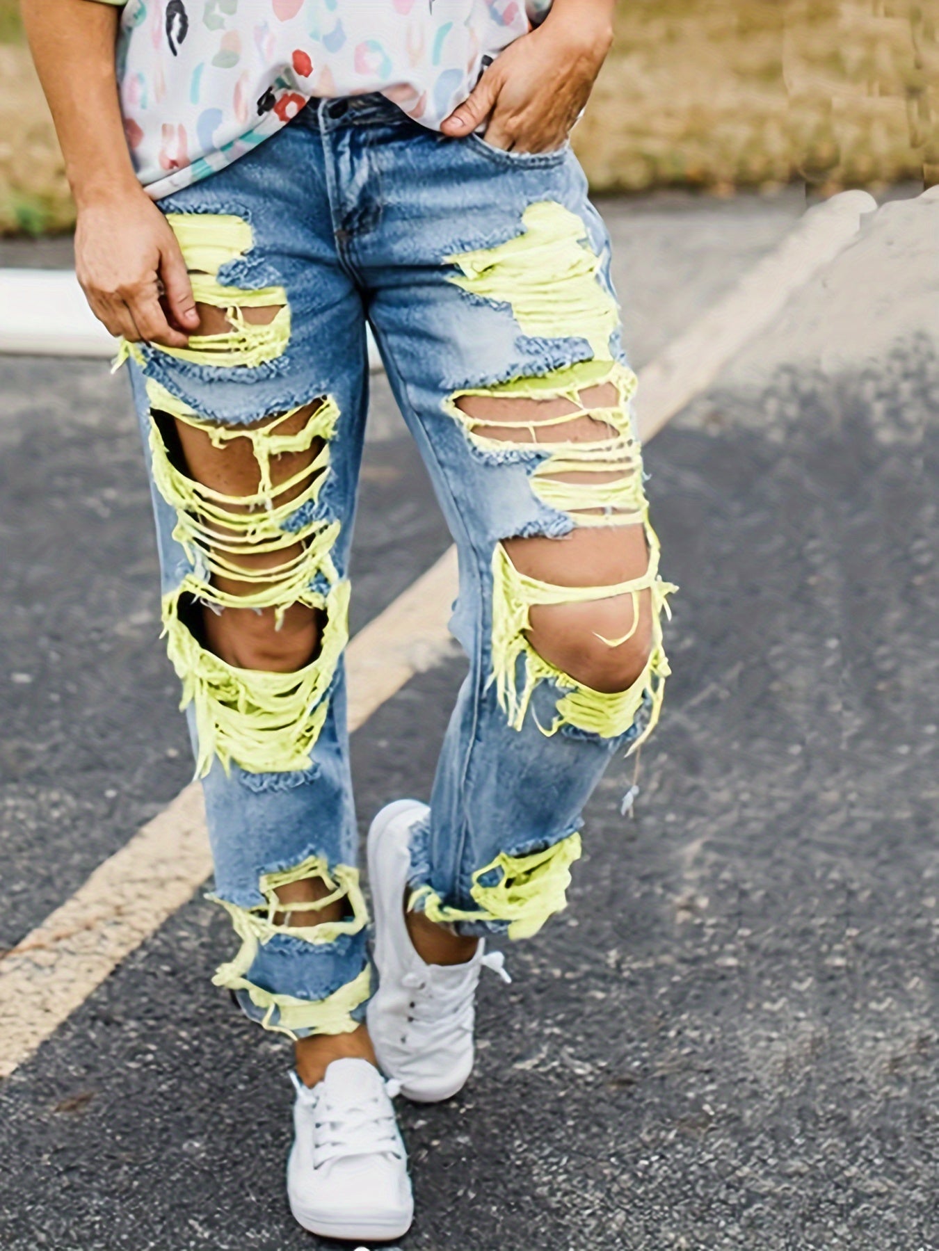 Plus Size Ripped Yellow Dye Detail Distressed Denim Pants