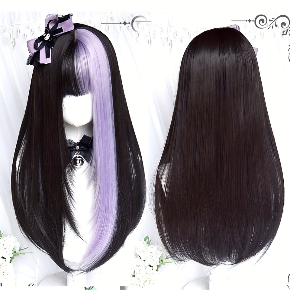 Long Black Mixed Purple Synthetic Wig