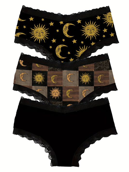 3pcs Moon & Sun Print Lace Trim Briefs