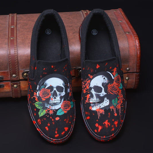 Men's Skull And Rose Print Slip On Shoes