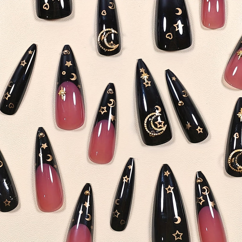 24pcs Black French Tip With Gold Moon And Stars