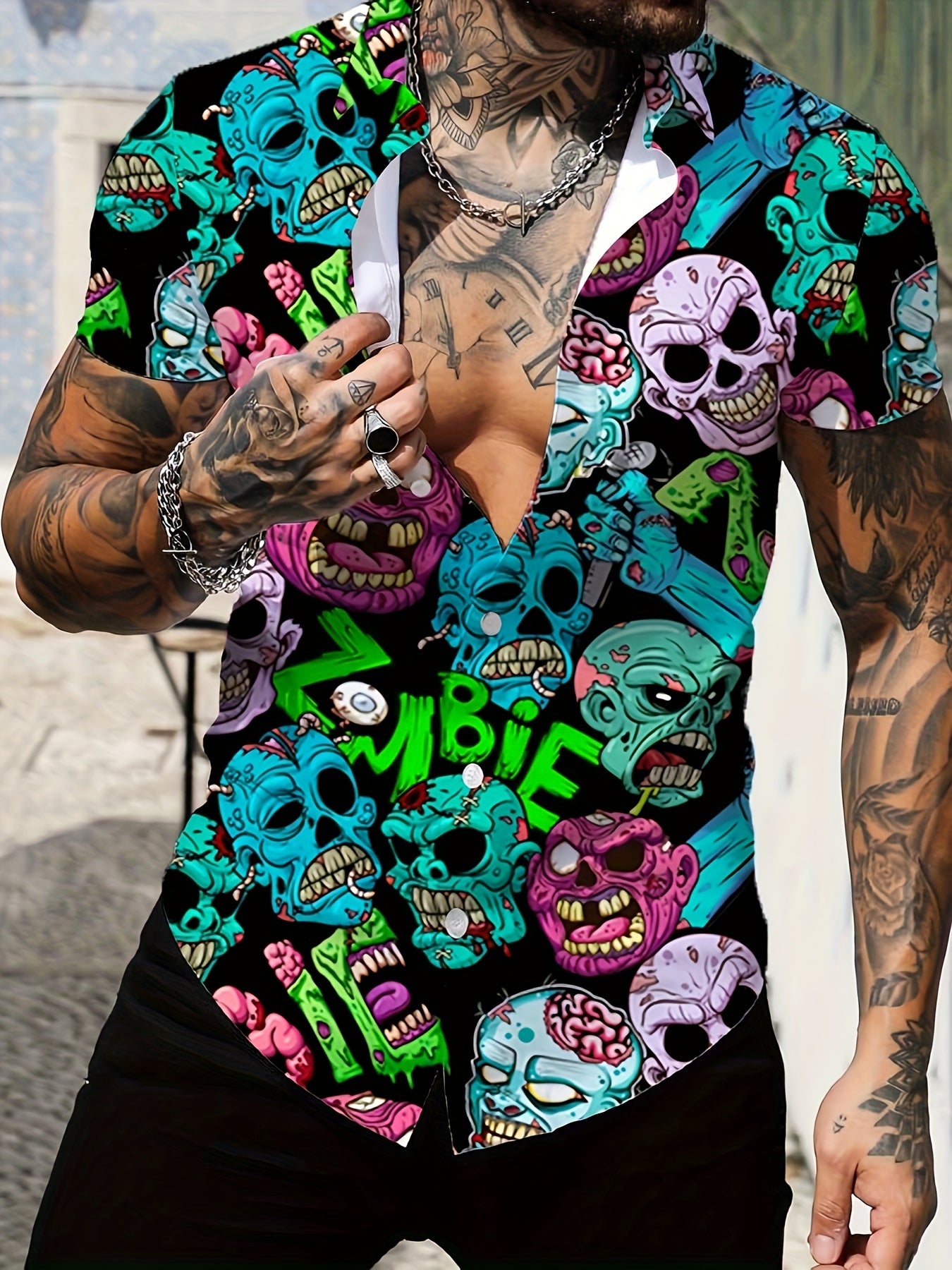 Zombie & Skull Men's Casual Short Sleeve Shirt