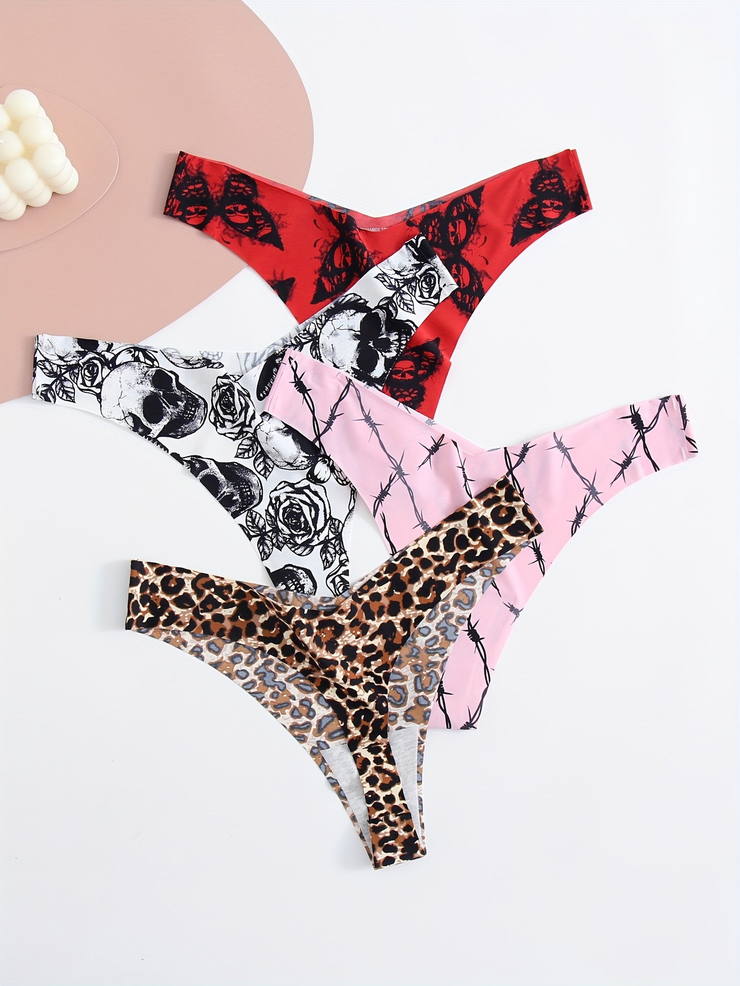 4pcs Low Waist Print Thongs