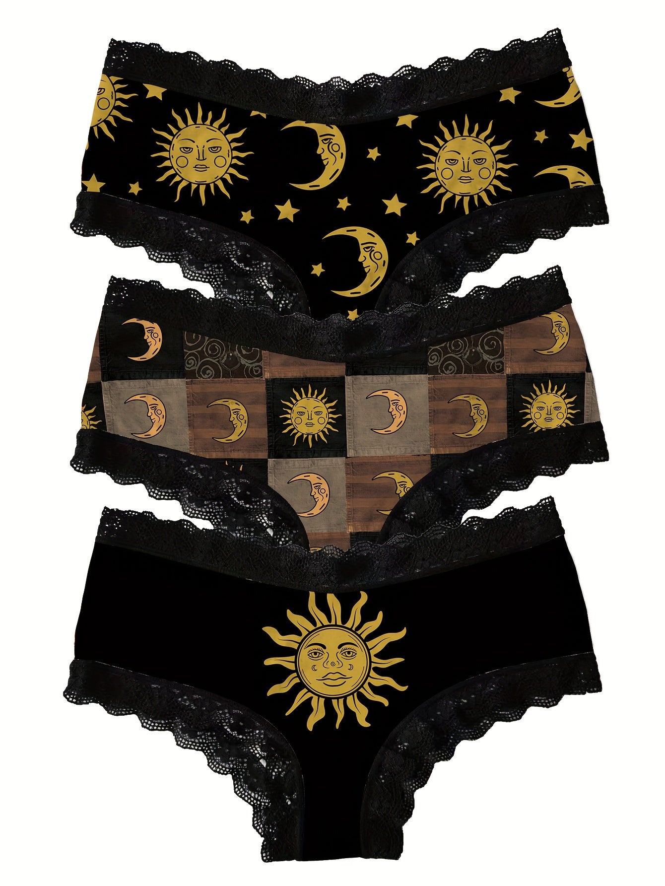 3pcs Moon & Sun Print Lace Trim Briefs