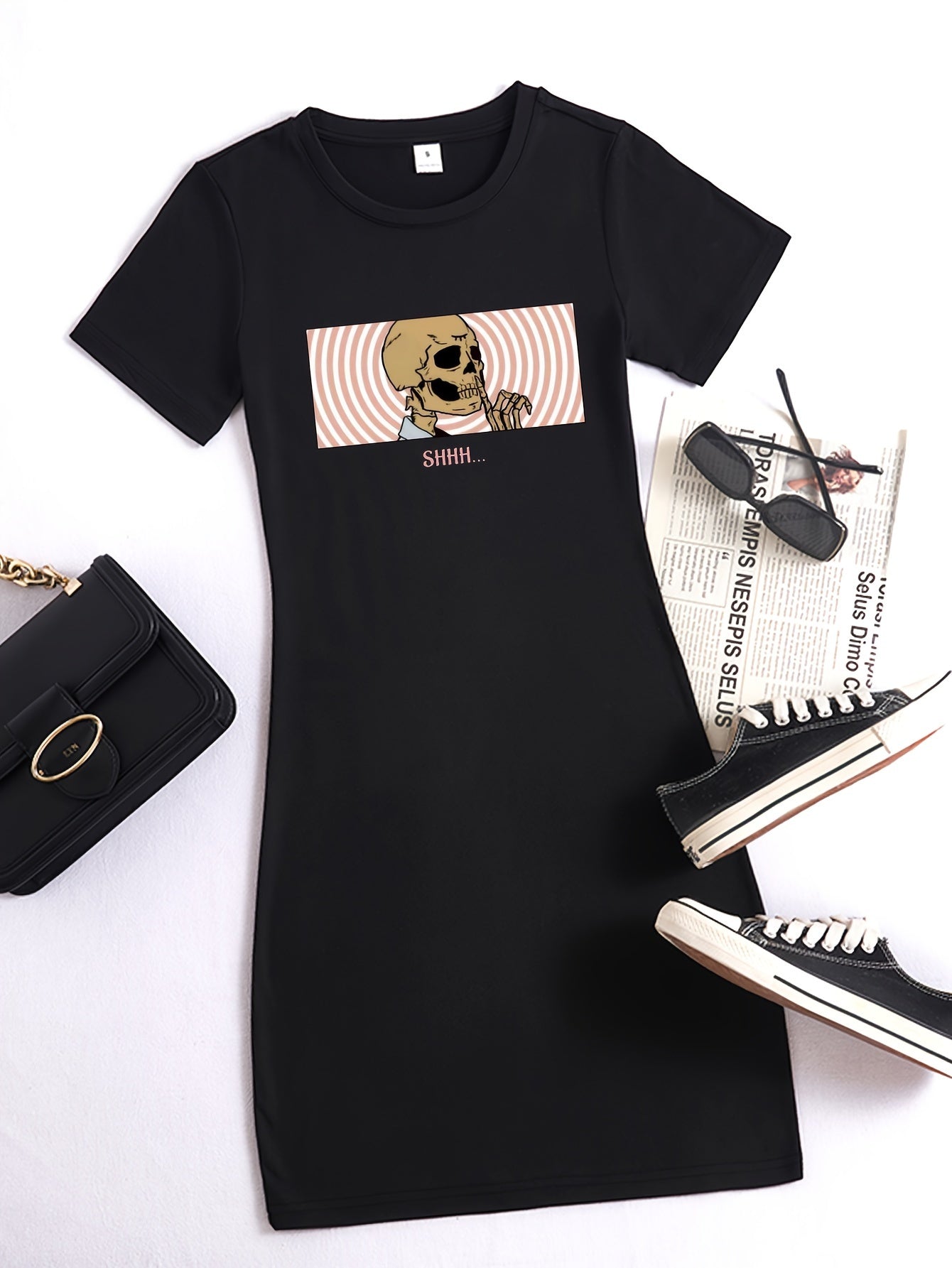 Skeleton-Print Bodycon T-Shirt Dress