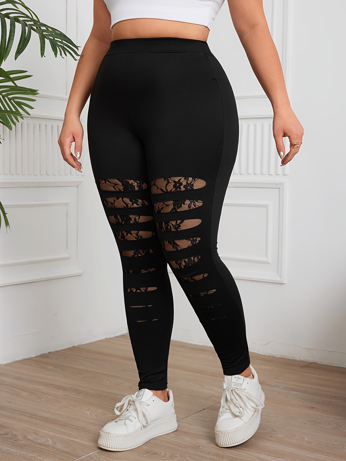 Plus Size Ripped Lace Stitching Leggings