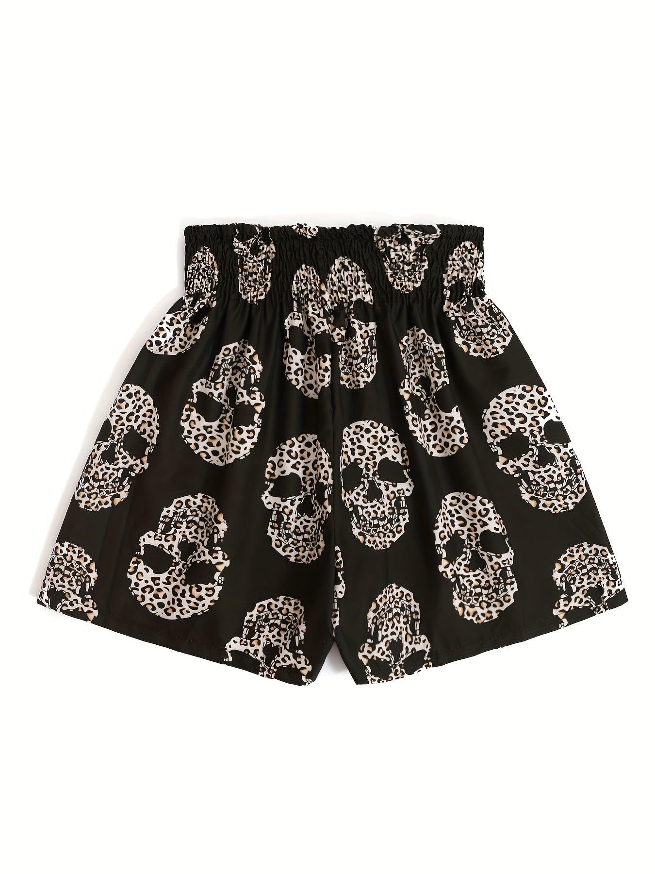 Leopard Skull Print Smocked Waist Shorts