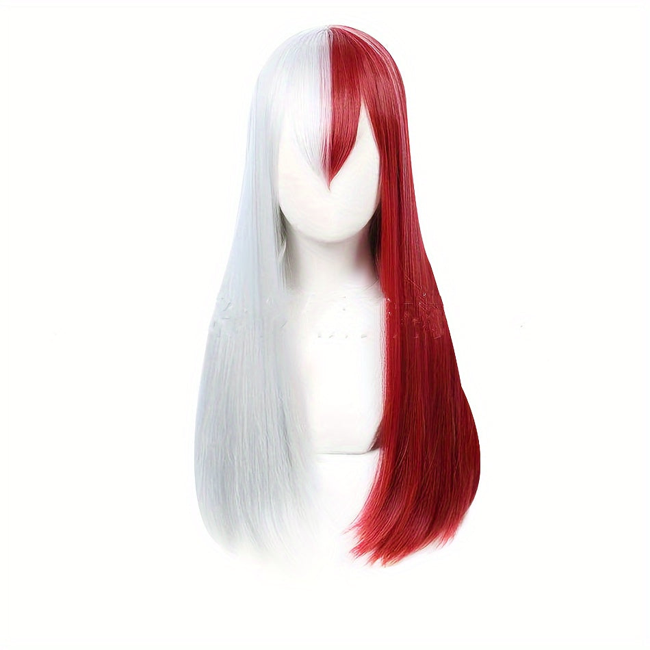 Long Synthetic Half White Half Red Cosplay Wig