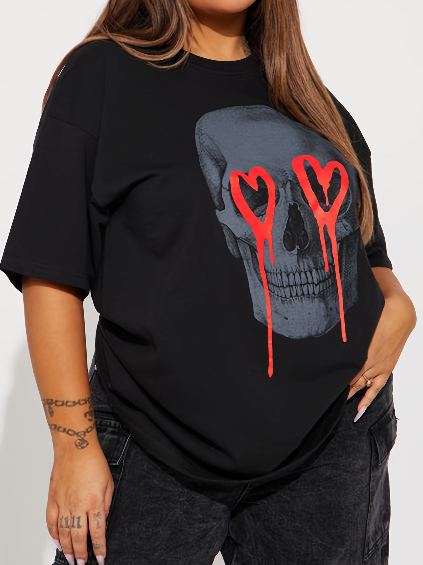 Women's Plus Melted Heart & Skull Loose Fit T-shirt