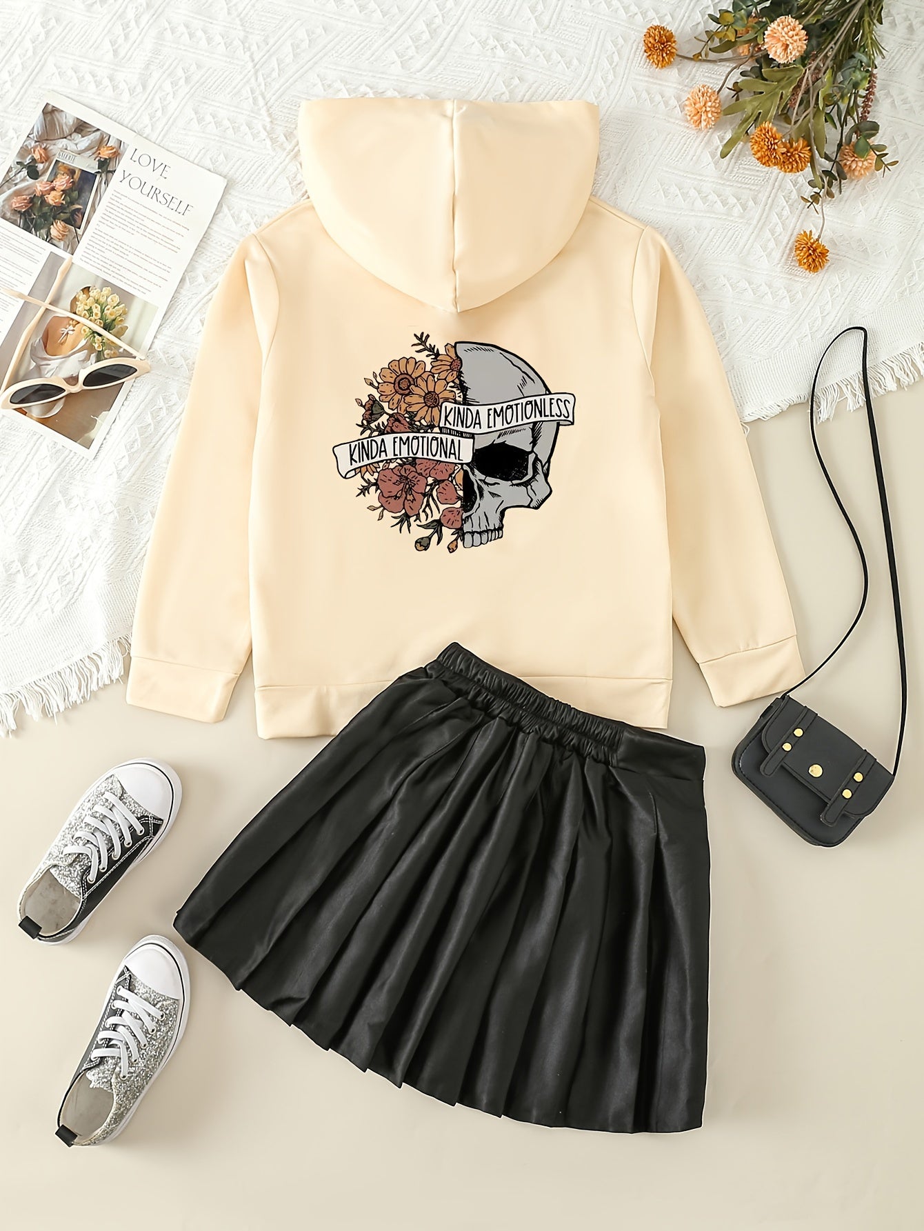 Girls Flower Skull Hoodie +  Skirt