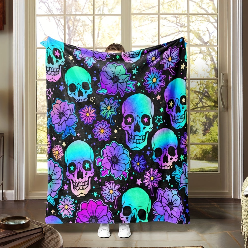 Colorful Skull Flower Print Flannel Blanket