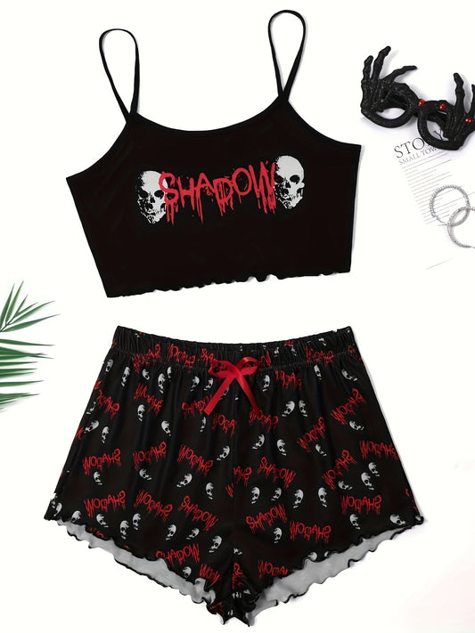 Gothic Skull & Letter Print Crop Cami Top 2 Piece Set